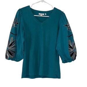 Chico's Teal Blouse with Embroidered Sleeves
